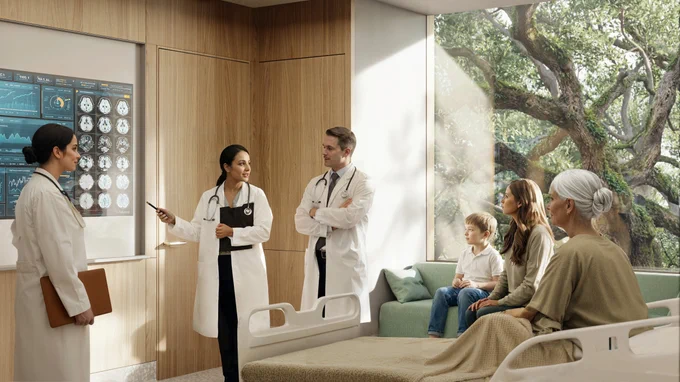 Rendering of a patient room at the UT Dell Medical Center at the UT Dell Campus for Advanced Research.