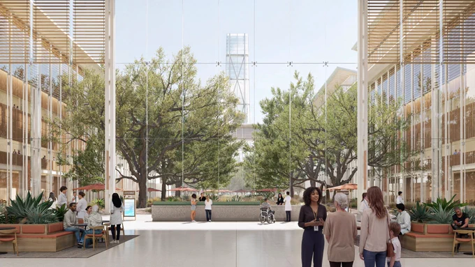 Rendering of a large atrium with a view of a tower at the UT Dell Medical Center at the UT Dell Campus for Advanced Research.