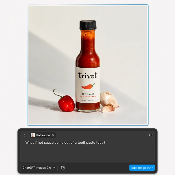 A prompt in Figma using ChatGPT Images 2.0: What if hot sauce came out of a toothpaste tube?