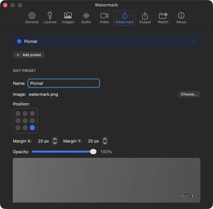 A digital interface displays watermark settings, featuring options for image upload, position selection, and opacity adjustment.