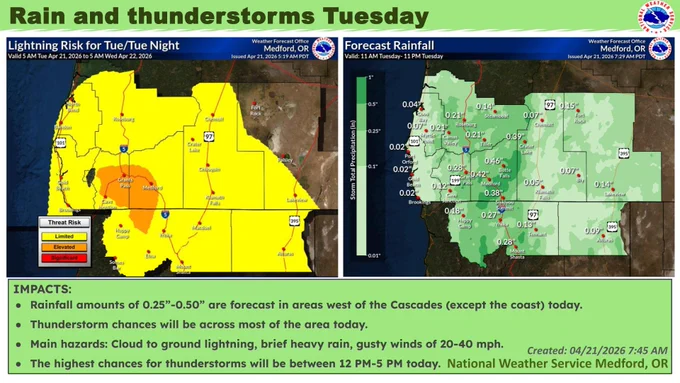 Maps showing thunderstorm chances and forecast rainfall for Tuesday, April 21 along with details on the system.