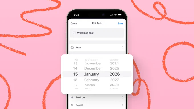 iPhone screen showing a task list with a blog post task set with a Friday deadline, illustrating how adding a date helps turn open-ended tasks into scheduled ones.