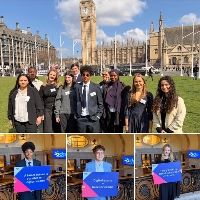 Four photos, one showing 10 students in Westminster; and three showing individual students holding cards about digital exams. 