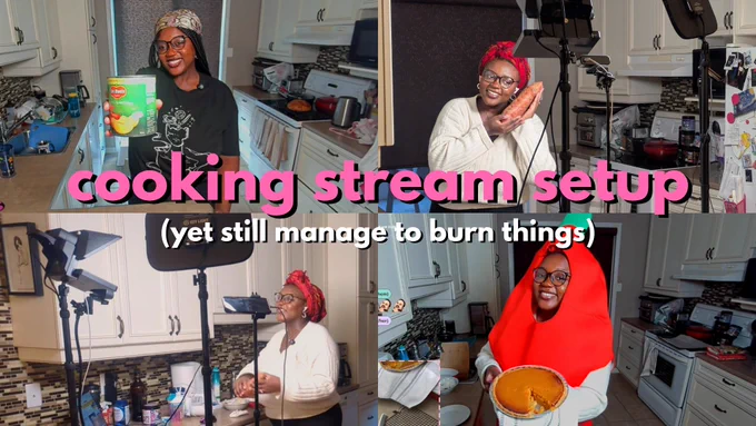 Thumbnail with 4 captures of Pink's cooking streams. It reads "cooking stream setup (yet still manage to bun things)".