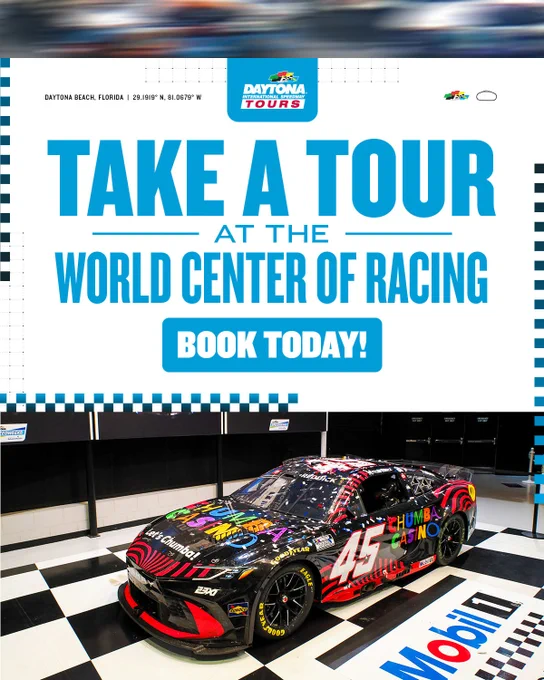 A graphic that reads "Take a Tour at The World Center of Racing," featuring a photo of Tyler Reddick's DAYTONA 500-winning car