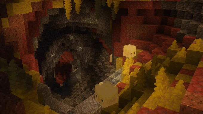 Sulfur cubes in a cave, with sulfur spikes

