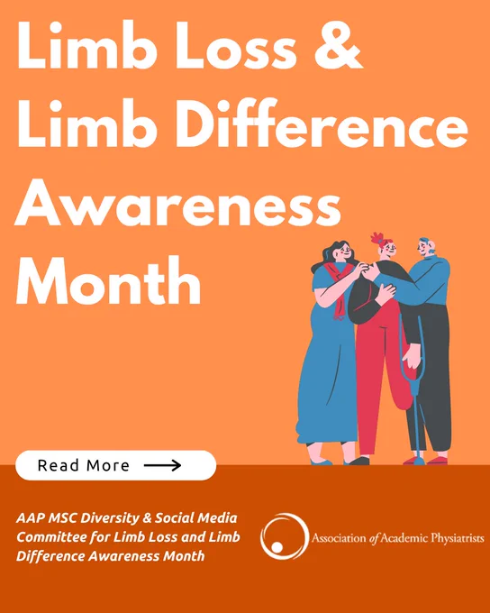 As Limb Loss & Limb Difference Awareness Month wraps up, we recognize millions living with limb loss or congenital differences—and the vital role of rehabilitation in restoring function and independence. 🧡
Physiatrists help patients return to what matters most through pain control, mobility, strength, and prosthetic training.

#LimbLossAwarenessMonth #PMR #Physiatry #RehabilitationMedicine #Prosthetics #DisabilityAwareness #MobilityMatters