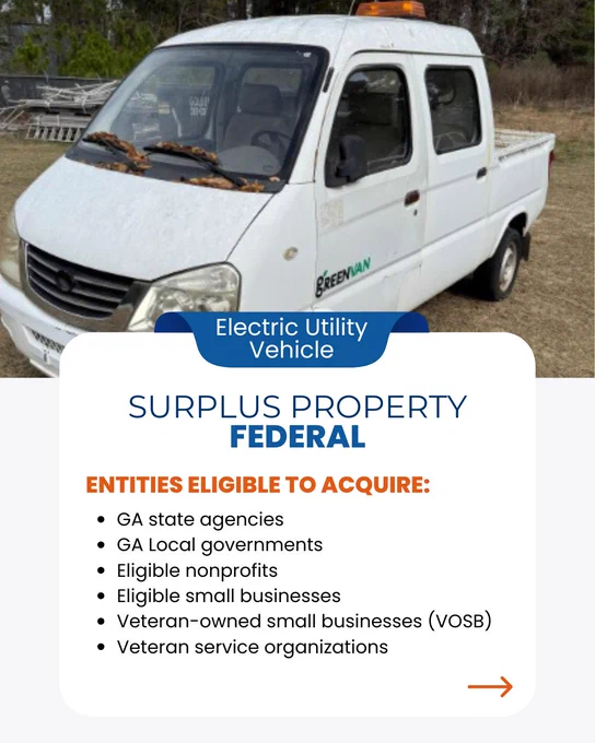 Image includes a white with four doors and small bed included Electric Utility Vehicle. The graphic also includes a list of entities eligible to acquire the vehicle. 