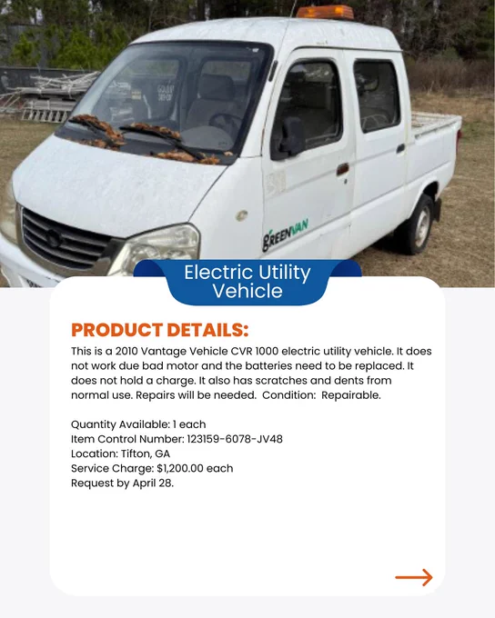 Image includes a white with four doors and small bed included Electric Utility Vehicle. The graphic also includes product details on the vehicle including the price of $1,200.00