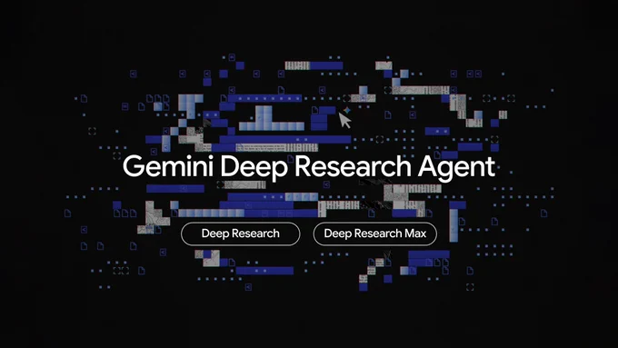 Gemini Deep Research Agent header. Deep Research and Deep Research Max buttons sit atop a blue pixelated background.