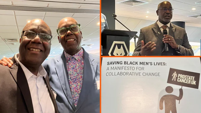Image with the wording Saving Black Lives: A Manifesto for Collaborative Change by Prostate Cancer UK.  Two further images showing Junior Hemans, a new board member at Nehemiah Housing and prostate cancer support group campaigner, speaking at the launch event. The other image shows Llewellyn Graham, CEO of Nehemiah Housing, with Professor Patrick Vernon, pro chancellor for health at the University of Wolverhampton. 
