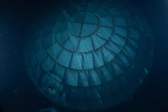 Underwater view of the Orion spacecraft's circular heat shield after splashdown, showing the scalloped tile pattern of the ablative thermal protection.