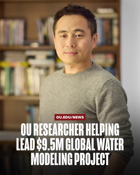 A person stands in front of a blurred bookshelf, wearing a grey sweater. The text reads, "OU Researcher Helping Lead $9.5M Global Water Modeling Project.