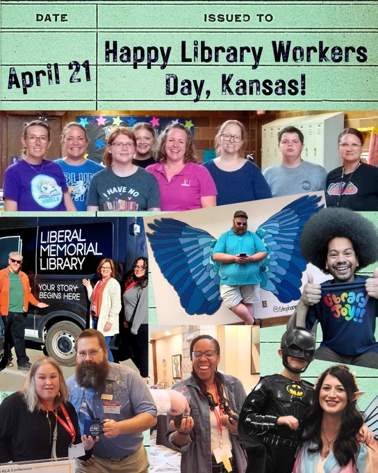 Kansas librarians, volunteers and author of Library Joy Michael Threets are shown in a collage of photos over a vintage library card.