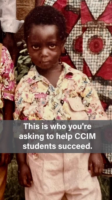 A vintage photo of a young child wearing a colorful floral patterned shirt, standing outdoors in front of a red and white decorative fabric backdrop, with other people partially visible in the background. Text overlay reads: "This is who you're asking to help CCIM students succeed."