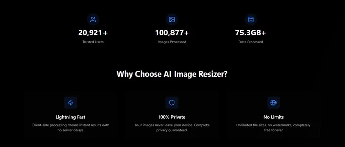 Shows ImageResizeAI processed 100K images in 202 days