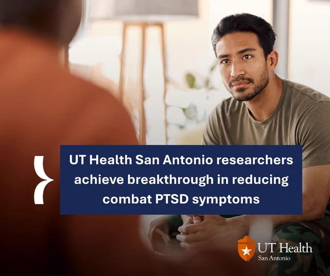 A person attentively listens in a conversation. A text overlay reads, "UT Health San Antonio researchers achieve breakthrough in reducing combat PTSD symptoms." The UT Health San Antonio logo is visible.