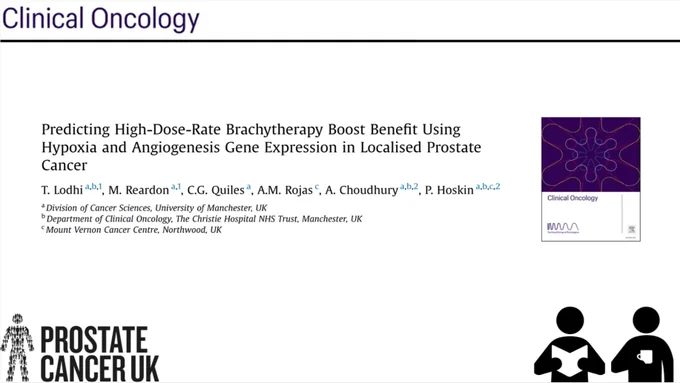 Graphic of a recently published research article, titled 'Predicting high-dose-rate brachytherapy boost benefit using hypoxia and angiogenesis gene expression in localised prostate cancer' by Lodhi et al. 