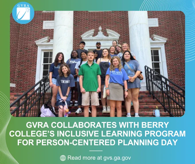 A light blue and white graphic and in the center is a group of students standing behind a brick building.