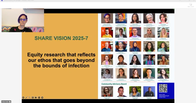 This image shows a video conference slide titled "SHARE VISION 2025-7," featuring a statement about equity research. On the right, there are small headshots of individuals forming the "Community Advisory Board," with names included. A QR code is at the bottom of the slide. Inset on the left is a video call participant in a separate window.