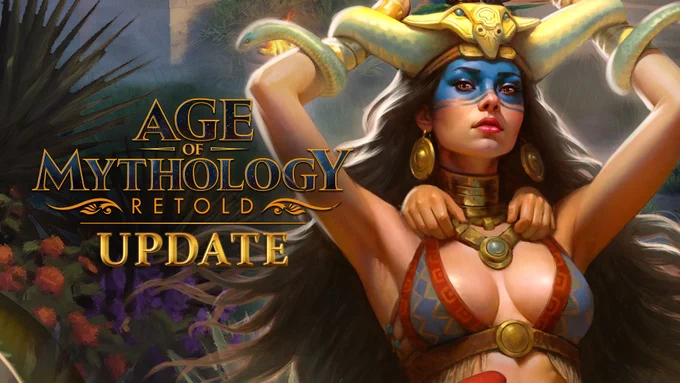 Update graphic for Age of Mythology: Retold featuring Coatlicue, an Aztec goddess. She is depicted as a woman wrapped in a headdress of colorful green, orange, and yellow snakes. Blue paint covers the upper half of her face. She wears a blue and red bra and waistcloth in alternating red square and blue triangular patterns, held together by a golden circle clasp and golden skull clasp respectively. 