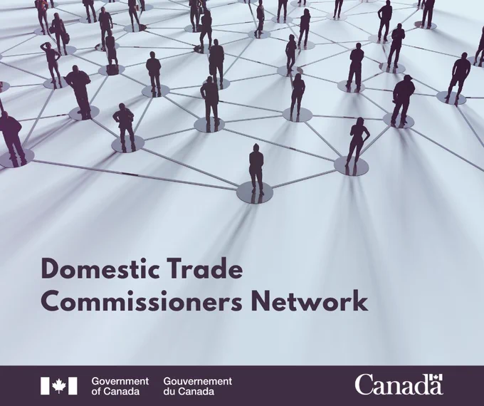 An illustration featuring a network of people joined together creating a large team. The figures are standing on the centre of a circular disk. Each person is connected by a line to other people creating a group of connections. Text: “Domestic Trade Commissioners Network”. Government of Canada logo.