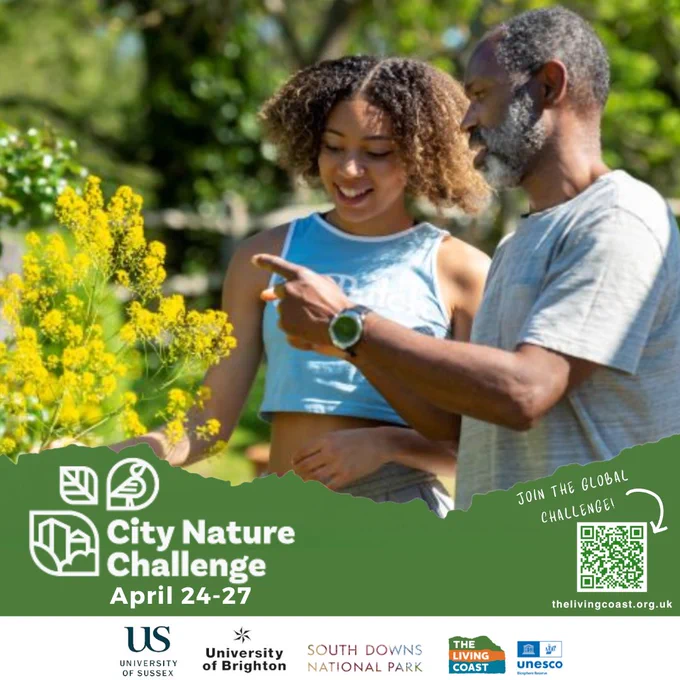 Man and young woman smiling as they examine yellow flowers outdoors, banner promoting City Nature Challenge Apr 24–27