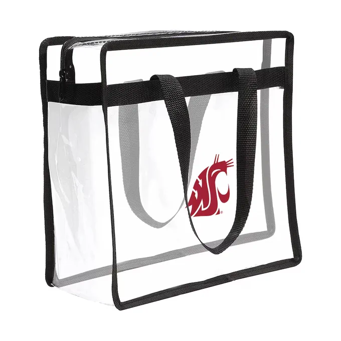 Clear plastic tote bag with black trim and shoulder straps, shown on a white background. The front of the bag displays a red Washington State University Cougar logo, and the bag has an open top with reinforced edges.