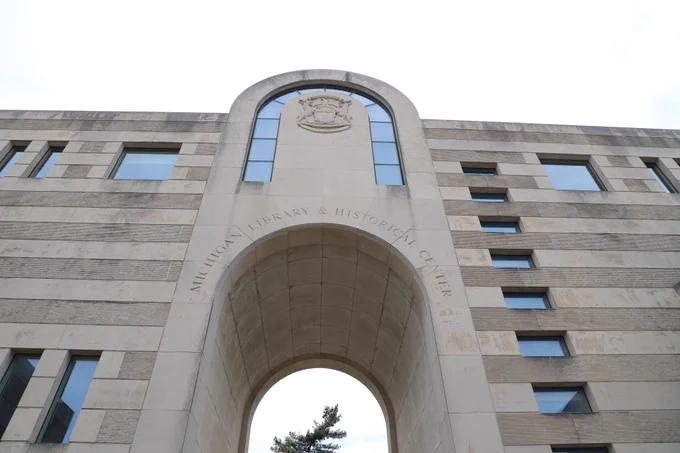 Exterior arch of the Michigan Library and Historical Center.