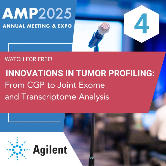 Microphone on stand in conference setting promoting AMP 2025 session on tumor profiling innovations from CGP to exome and transcriptome analysis.