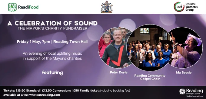 Poster for 'A Celebration of Sound' Mayor's Charity Fundraiser featuring Peter Doyle, Reading Community Gospel Choir, and Ma Bessie.