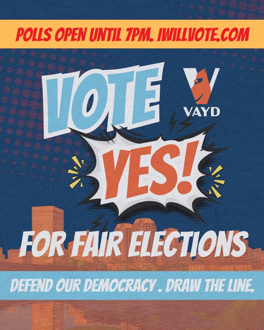 A bold, comic-book style graphic encourages voting “YES.” At the top, a yellow banner reads “Polls open from 6am–7pm. IWillVote.com.” Below, large blue and orange text says “Vote YES!” with a burst graphic behind “YES.” The VAYD logo appears to the right. Underneath, white text reads “For Fair Elections,” and a blue banner at the bottom says “Your district, your vote. Draw the line.” The background features a stylized Richmond, VA skyline in warm orange tones against a blue halftone pattern.