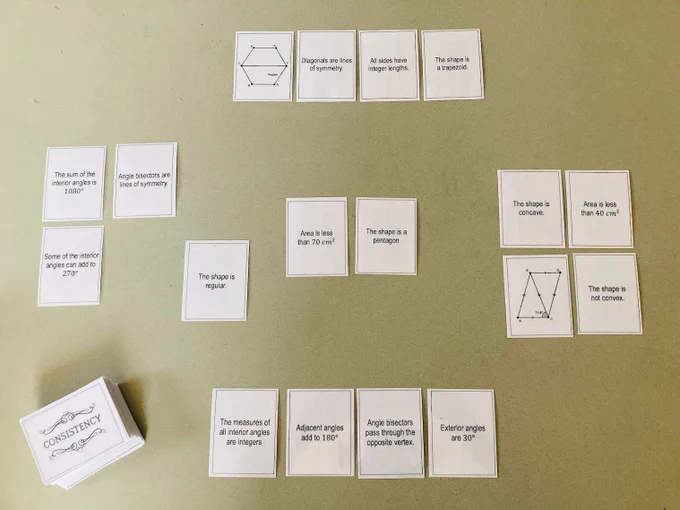 Center cards:
Area is less than 70
The shape is a pentagon.

Player on the left has played 
"The shape is regular"

The next player must choose between
The measures of all interior angles are integers
Adjacent angles add to 180
Angle Bisectors pass through the opposite vertex.
Exterior angles are 30
