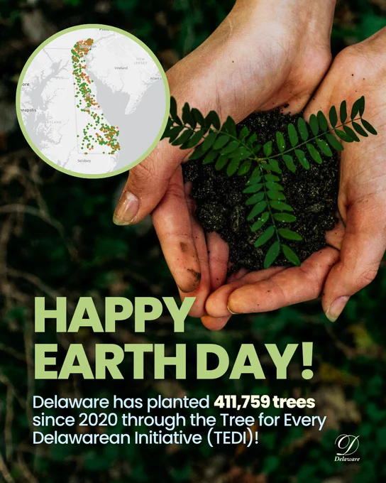 Earth Day post of hands holding a tree sprout with a map of all the trees planted in DE since 2020