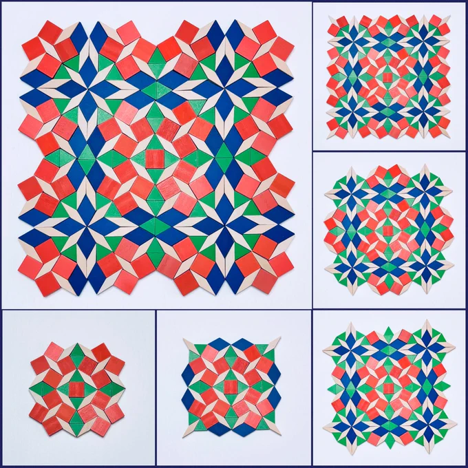 The top left main image shows a square-like geometric design created with pattern blocks. At the center is an orange square surrounded by four green triangles, four tan rhombuses, and eight orange squares. Around this center are four flower-like arrangements. Each “flower” is made with four blue and four tan rhombuses surrounded by eight green triangles, eight tan rhombuses, and eight orange squares. The images along the bottom and on the right show the progression of the design.