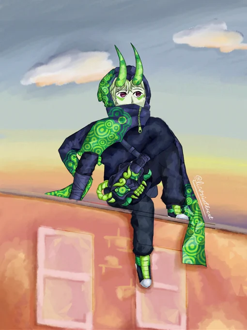 phighting, shuriken
A digital painting with some crystalline-style rendering depicting shuriken, as his vigilante identity silver shadow, sitting on the ledge of a brick building during sunrise.