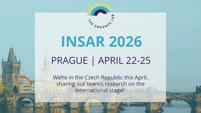 An announcement that The ENHANCE Lab is attending INSAR 2026, April 22-25. Background shows the Charles Bridge and the Prague skyline. Text in the foreground reads, INSAR 2026. Prague | April 22-25. We’re in the Czech Republic this April, sharing our team’s research on the international stage! 