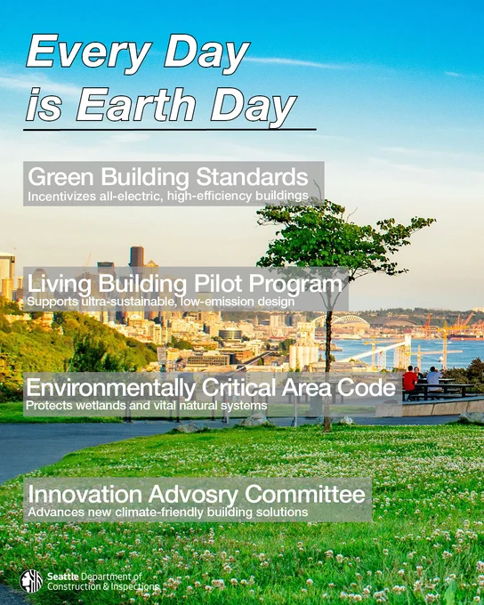 A scenic view of a park overlooking Seattle, with the city skyline and Space Needle in the background. Text highlights initiatives: Green Building Standards, Living Building Pilot Program, Environmentally Critical Area Code, Innovation Advisory Committee. A logo for Seattle Department of Construction & Inspections is in the corner. A large caption reads, "Every Day is Earth Day.