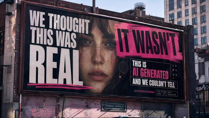 A wide 16:9 hyper-realistic editorial shot of a billboard in an urban setting with more complex design. The layout includes layered typography, multiple text blocks and hierarchy:
“WE THOUGHT THIS WAS REAL”
“IT WASN’T”
“THIS IS AI GENERATED”
“AND WE COULDN’T TELL”
Mixed font sizes, overlapping elements, strong composition. Still clean but more visually rich. Natural daylight, subtle magenta tones in shadows.