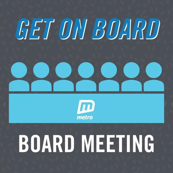 Blue text with a white drop shadow reads, "Get on board." Graphic of seven people sitting above a blue rectangle with the white Metro logo on it. White text reads, "Board Meeting." Dark grey background.