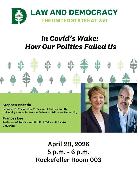Photos of Stephen and Frances in suits. Text: Law and Democracy, the United States at 250. In Covid's Wake: How our Politics Failed Us.