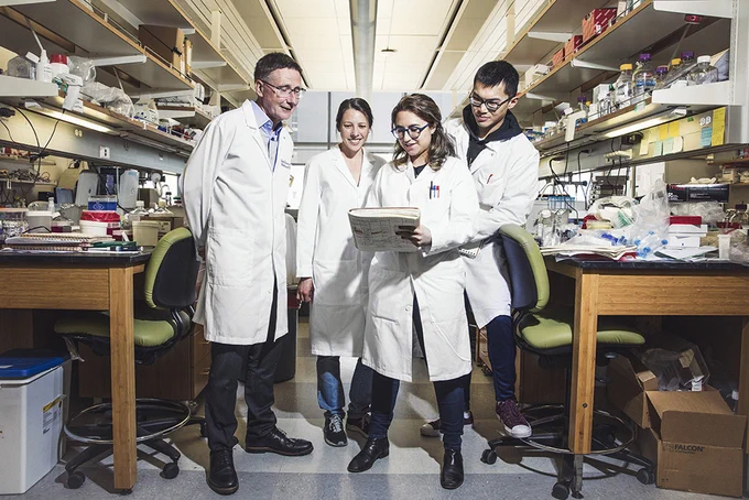 A group of four people in a lab, all wearing white coats, stand around a lab bench with various scientific equipment and supplies on shelves. One member is holding a document, which they are all looking at. The setting is a typical research laboratory, with bright lighting and ample workspace.