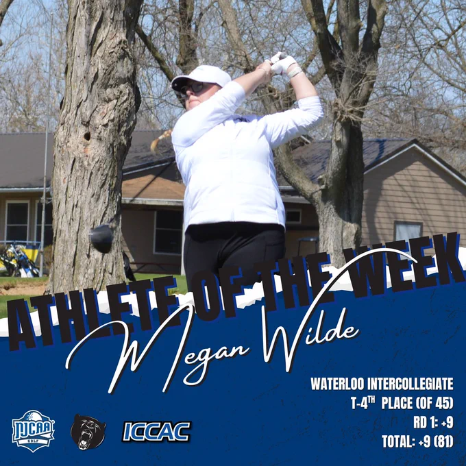Athlete of the Week graphic featuring Megan Wilde golfer mid swing in white top and cap, Waterloo Intercollegiate results: T-4th place,  9 total.