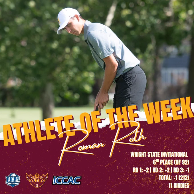 Athlete of the Week graphic of Roman Roth lining up putt, Wright State Invitational results: 6th place, -1 total, 11 birdies, round scores listed.