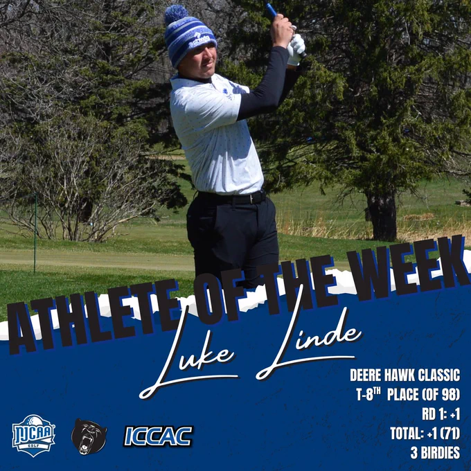 Athlete of the Week graphic showing Luke Linde mid golf swing on course, Deere Hawk Classic stats: T-8th place,  1 total, 3 birdies.