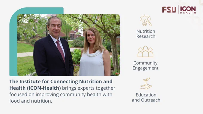 A graphic with the FSU ICON Health logo in the top right. It features a photo of Patrick Stover and Regan Bailey standing outdoors together on a campus. Text below the photo reads, "The Institute for Connecting Nutrition and Health (ICON-Health) brings experts together focused on improving community health with food and nutrition." At the bottom are three illustrated icons with the labels "Nutrition Research," "Education and Outreach," and "Community Engagement."