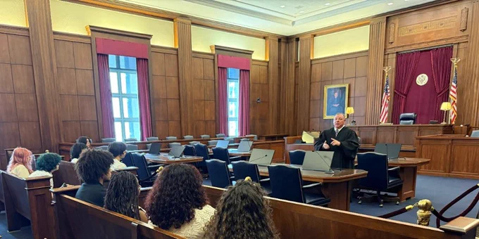 Judge Matthew W. McFarland speaks to students about his path to the bench during an event at the Cincinnati federal courthouse. 