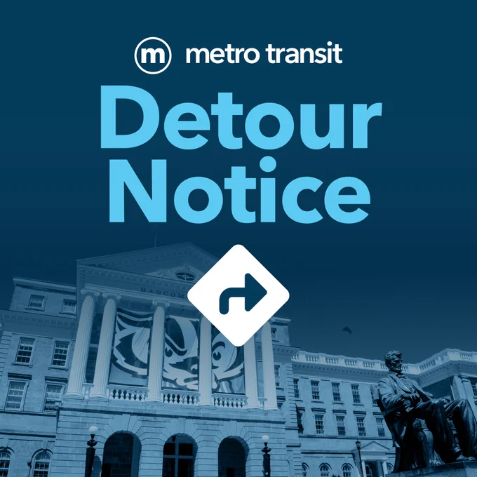 Illustration of Bascom Hall at UW–Madison with the Bucky Badger logo, alongside text reading “Detour Notice” and a right-turn arrow.