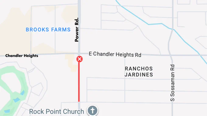 Map showing a road closure on the intersection of Power Road. and Chandler Heights Road. 