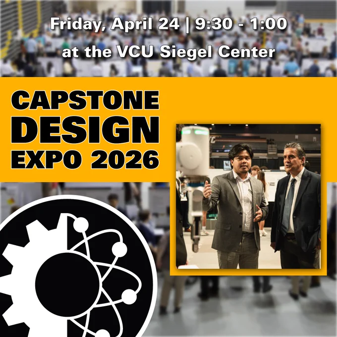and when which reads, “Friday, April 24 | 9:30 - 1:00 at the VCU Siegel Center.” Has a background photo of the event along with a photo of a student showing off a project, and includes a black MNE logo.